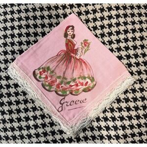 VTG Handpainted Pink Handkerchief Beautiful Lady Souvenir Greece Hankie 1940/50s